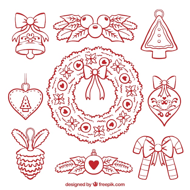 Free Vector assortment of hand-drawn christmas decorations and floral wreath