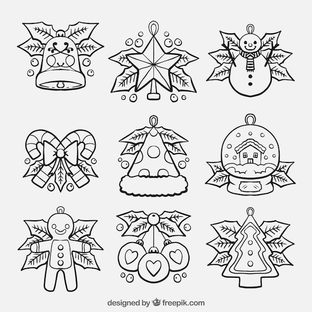 Assortment of hand drawn ornaments for the christmas tree