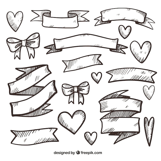 Assortment of hand-drawn ribbons and hearts