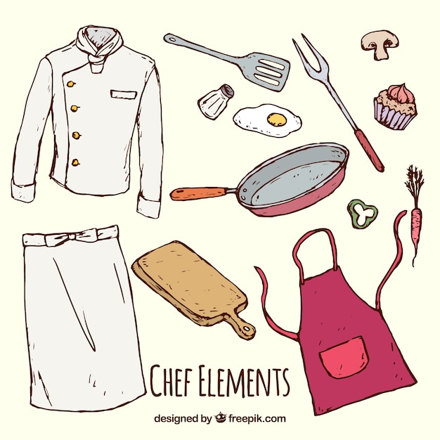 Free vector assortment of kitchen elements with chef uniform