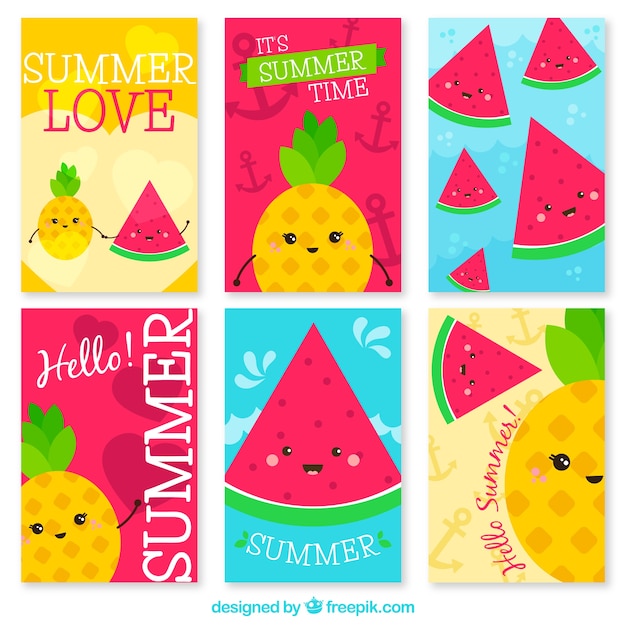 Assortment of summer cards with cute fruit characters