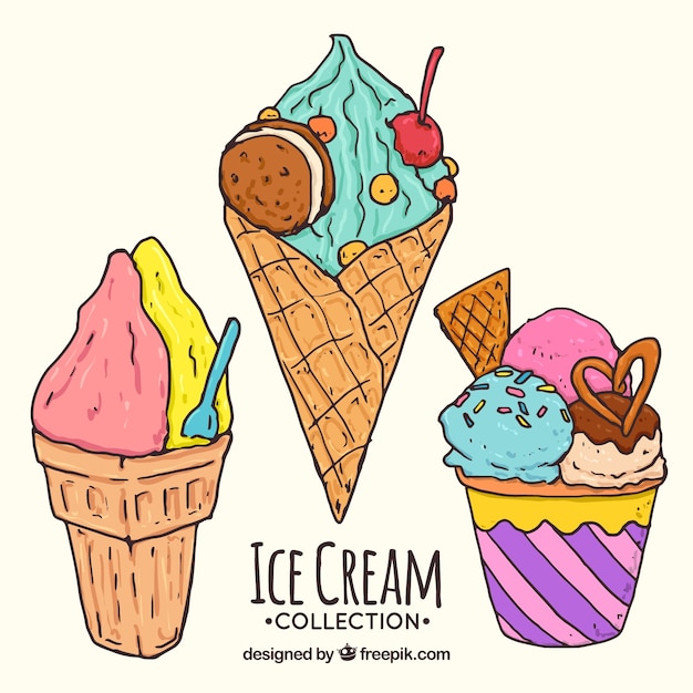 Assortment of summer ice creams in hand-drawn style