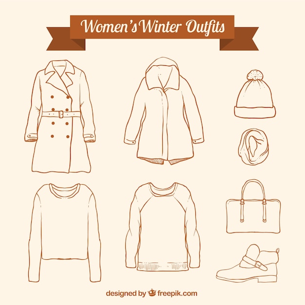 Free vector assortment of winter clothing and hand drawn accessories