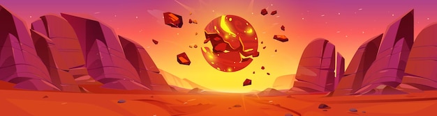 Free vector asteroid explosion in mars desert planet space landscape alien martian red sand surface with fireball burst in sky cartoon vector illustration magic galaxy videogame 2d horizon with destruction