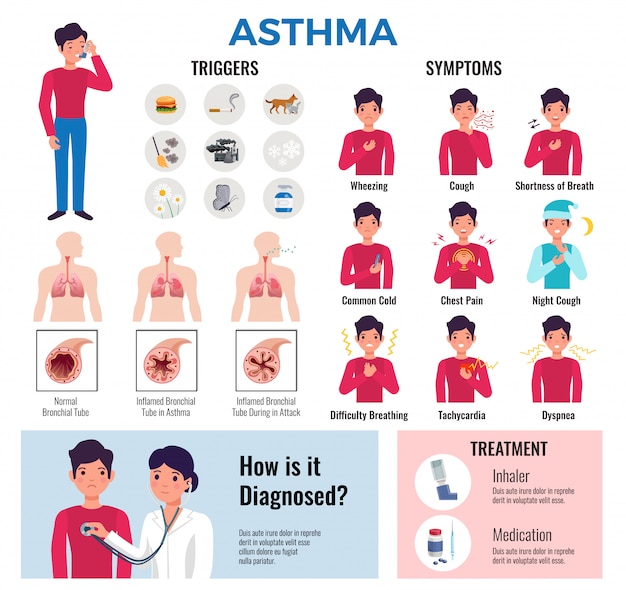 Asthma chronic disease flat infographic elements collection with triggers symptoms causes diagnosis medication and treatment