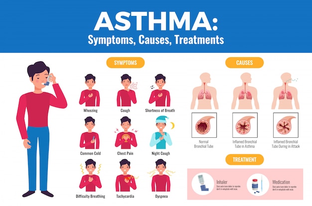 Asthma symptoms causes treatment flat medical  with patient holding inhaler and inflamed bronchial tube