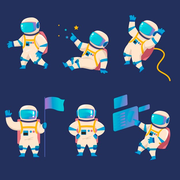 Astronaut character exploring outer space set. Vector illustrations of spaceman in motion poses. Cartoon cosmonaut in spacesuit and helmet holding flag, flying. Mission in galaxy, adventure concept