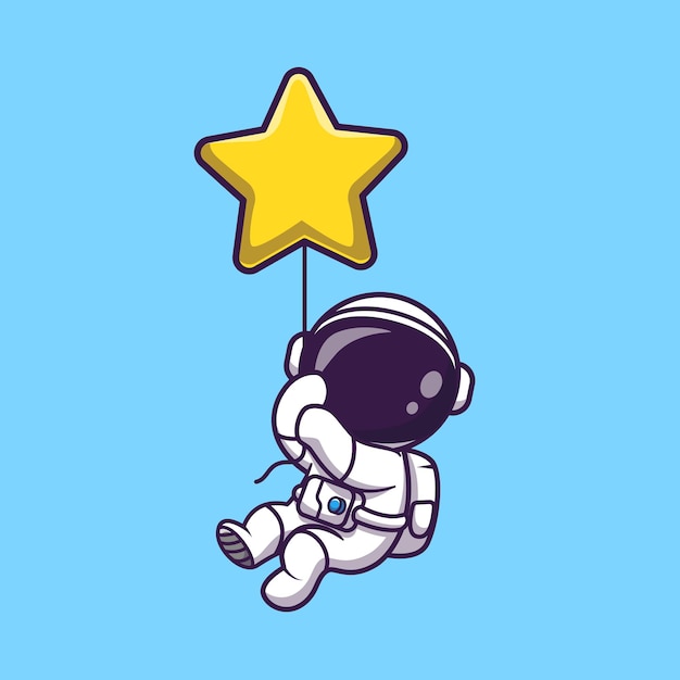 Astronaut Floating with Star Balloon Cartoon Vector Icon Illustration. Science Technology Icon Concept Isolated Premium Vector. Flat Cartoon Style