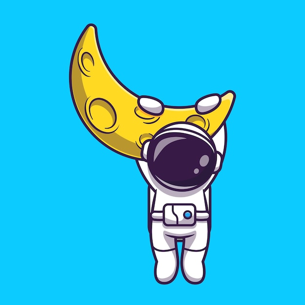 Astronaut Hanging On Moon Cartoon Vector Icon Illustration. Science Technology Icon Concept Isolated Premium Vector. Flat Cartoon Style