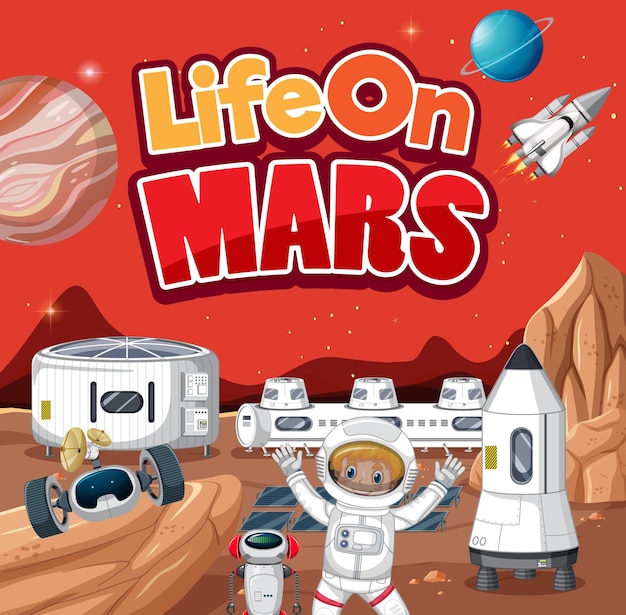 Astronaut life on Mars planet cartoon poster