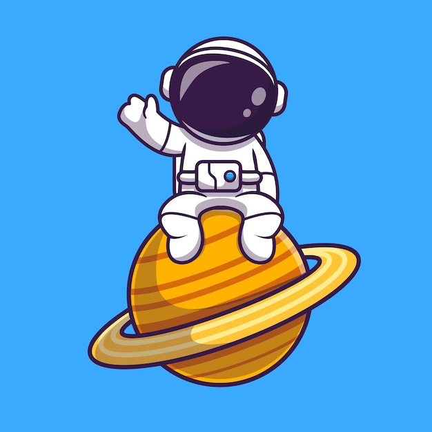 Astronaut Sitting On Planet And Waving Hand Cartoon Vector Icon Illustration. Science Technology Icon Concept Isolated Premium Vector. Flat Cartoon Style