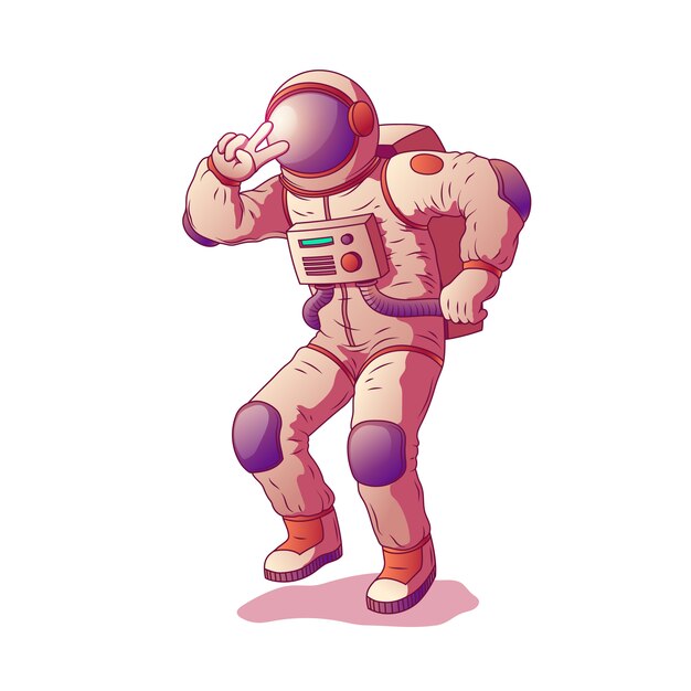 Astronaut or spacemen character wearing space suit showing gesture of victory 