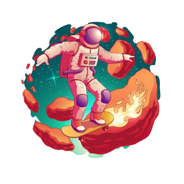 Astronaut in spacesuit riding skateboard with fire from wheels on asteroids belt in outer space cartoon vector icon isolated. Future teenager fantastic pleasure and fun concept