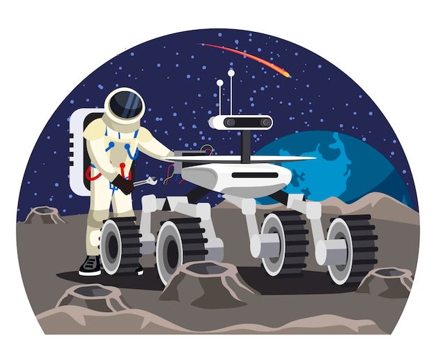 Free Vector astronaut wearing helmet and spacesuit holding wrench and repairing moon rover car machine stone lunar surface with crater earth planet and flying comet with fiery tail on background