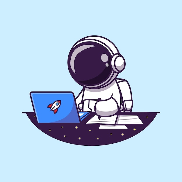 Astronaut Working On Laptop And Writing Cartoon   Illustration. Science Business  Concept Isolated  . Flat Cartoon Style