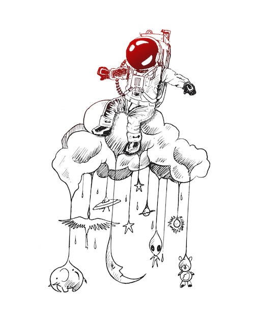 Astronauts sitting on cloud space with doddles