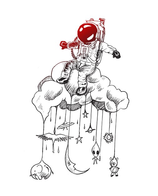 Astronauts sitting on cloud space with doddles