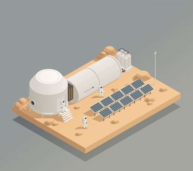 Astronauts Sun Panels Isometric Composition 