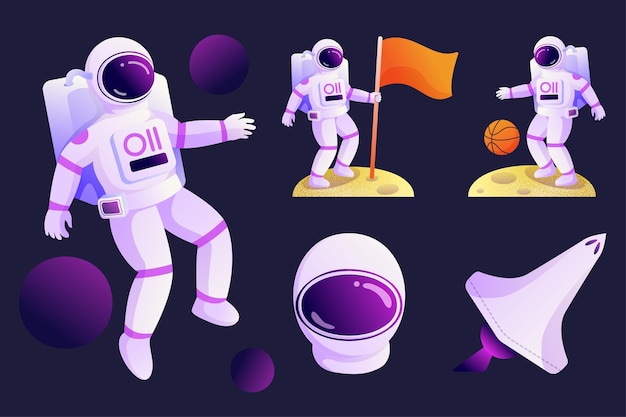 Free Vector astronauts walk on the surface of the earth to look at the landscape and plant flags