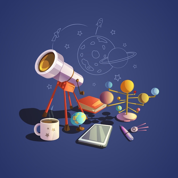 Astronomy concept with retro science cartoon icons set 