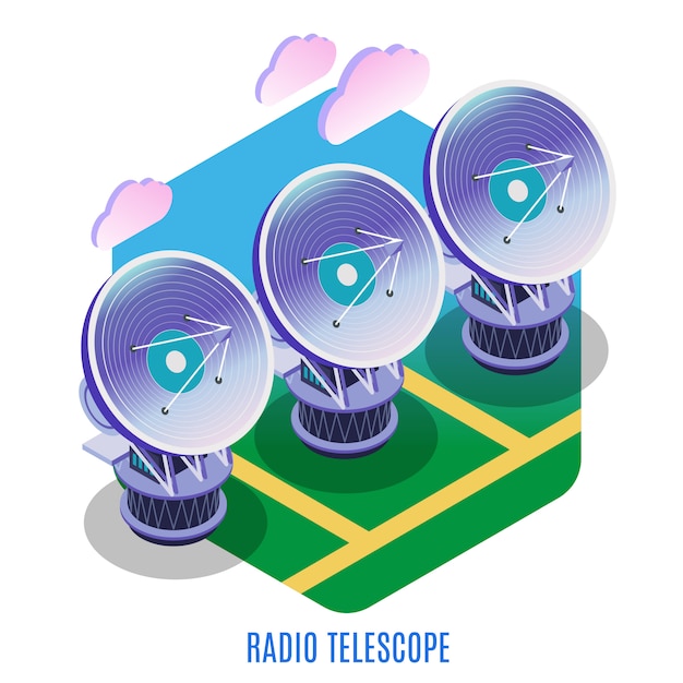 Astrophysics isometric background composition with astronomical interferometer array of separate radio telescopes antennas working together  illustration