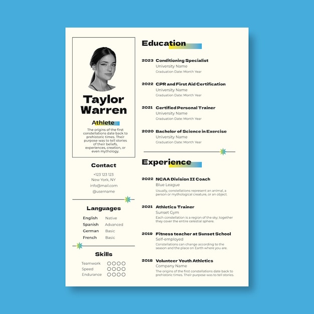 Athlete resume template design