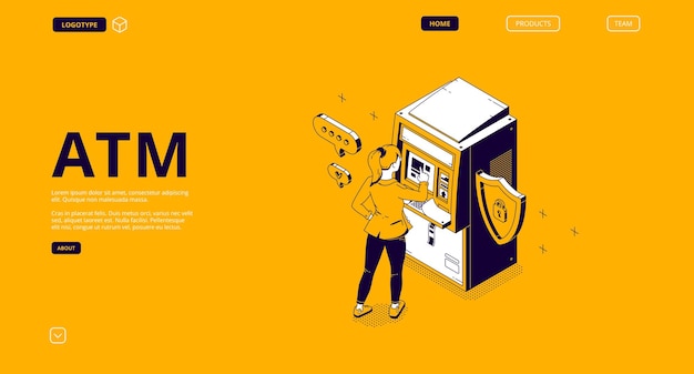 Atm, automated teller machine isometric landing page