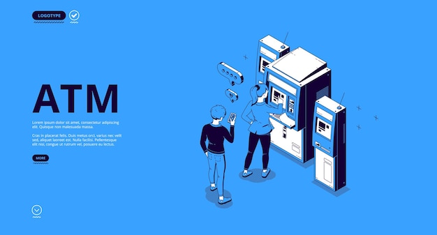 ATM banner. Automated teller machine, terminal for withdraw money cash, transactions and payments.