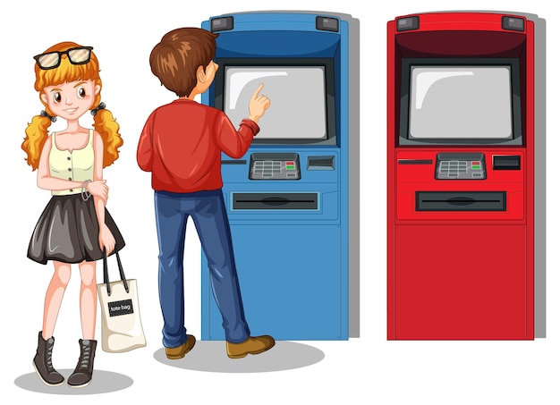 ATM machine with people cartoon character