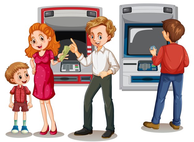 ATM machine with people cartoon character