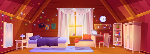 Free vector attic girl bedroom interior with desk cartoon