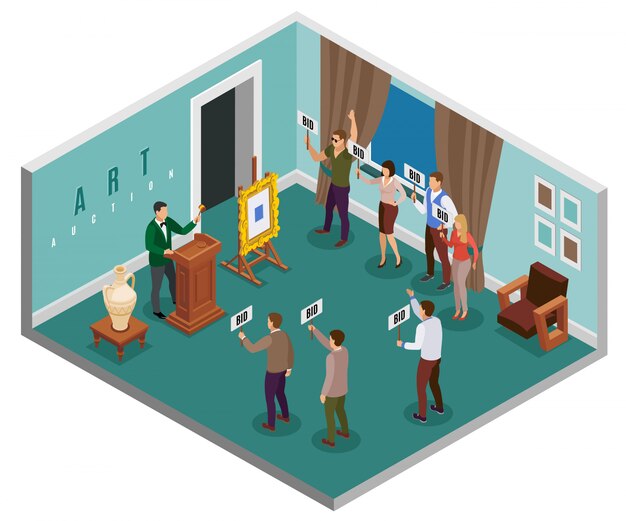 Auction isometric concept with hall in the building and people with tablets illustration