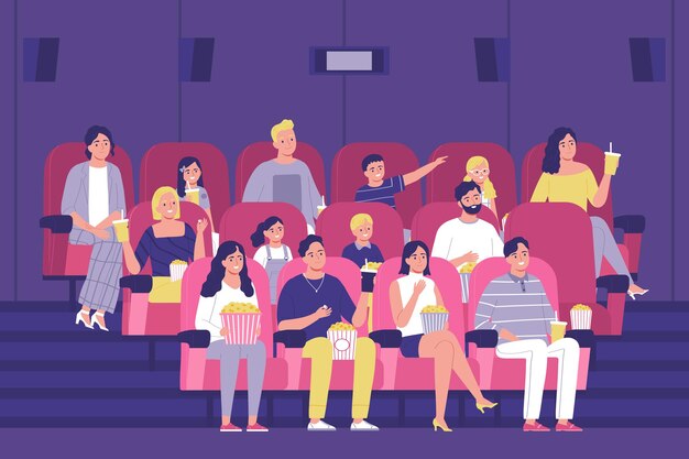 The audience sitting in a cinema hall and watching a movie flat illustration