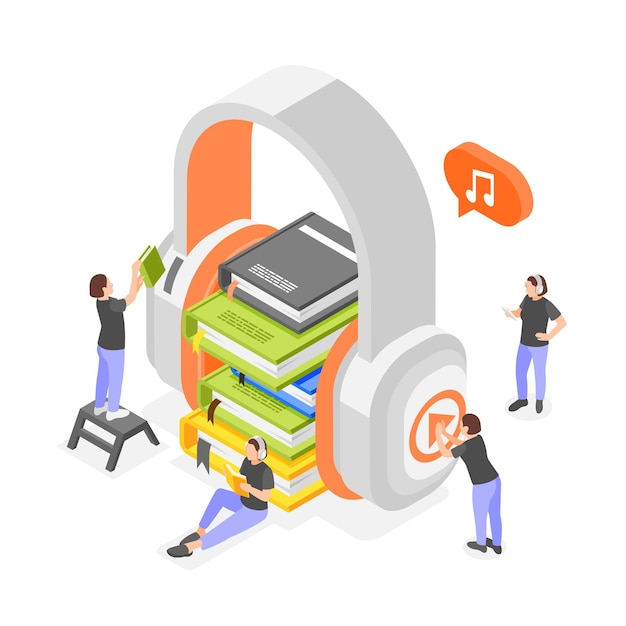 Free Vector audio book isometric composition with image of big headphones and stack of books with human characters vector illustration