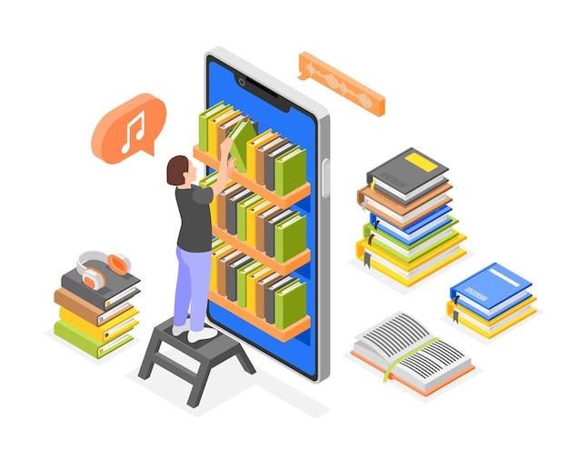 Free Vector audio books isometric composition with character of female librarian with book shelves inside smartphone screen frame vector illustration