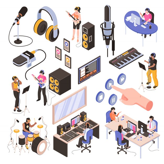 Audio studio isometric set with speakers in  radio room bloggers at work place and musicians recording song isolated