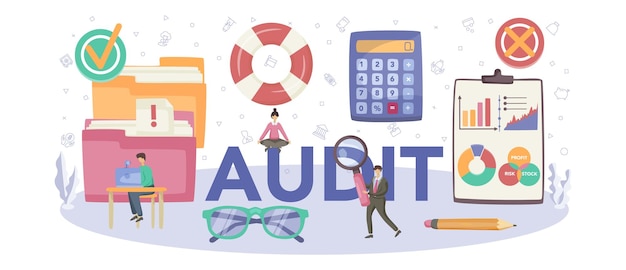 Free vector audit concept typographic header business operation research and analysis professional financial management financial inspection and analytics isolated flat vector illustration