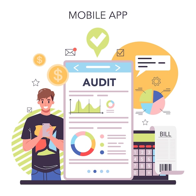 Free Vector auditor online service or platform business operation specialist financial management financial inspection mobile app flat vector illustration