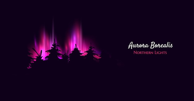 Aurora borealis realistic vector illustration of purple northern lights highlighting silhouettes of coniferous trees