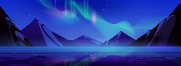 Free Vector aurora light in sky mountain sea view background night northern vector landscape illustration with abstract borealis gradient scenery for game dark north polar adventure scene with lake under boreal