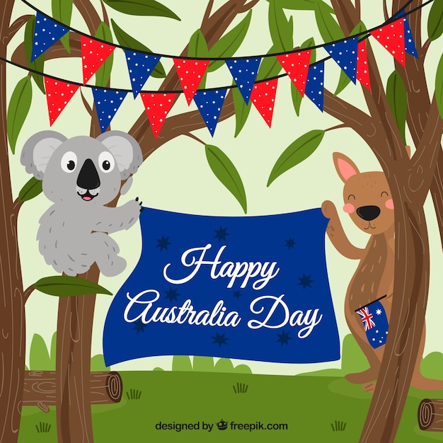 Free Vector australia day design with animals in eucalyptus trees