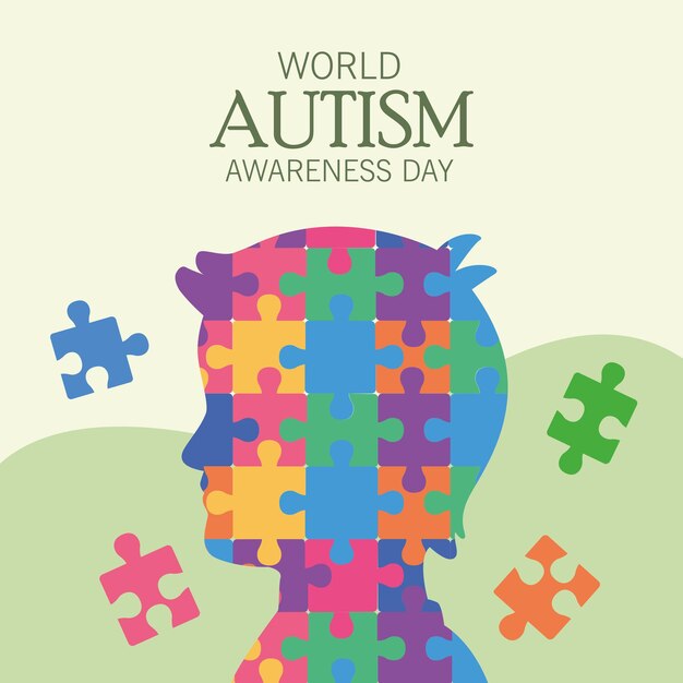 Free vector autism day lettering with puzzle kid