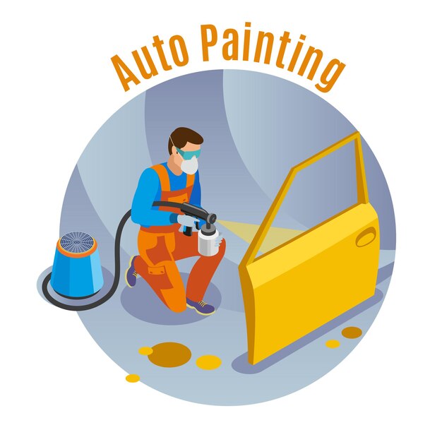 Auto service with auto painting service symbols isometric illustration