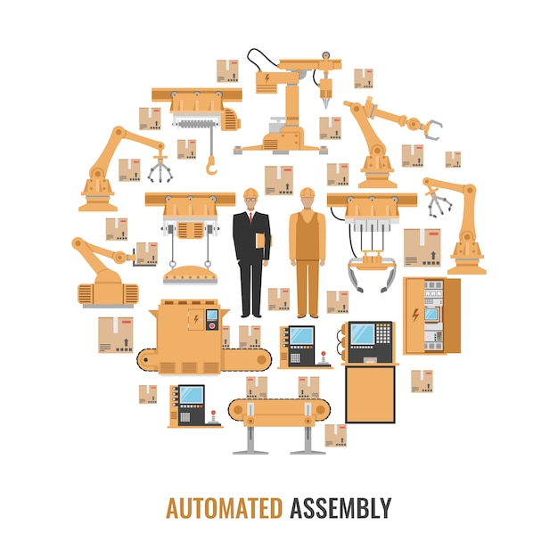 Free Vector automated assembly colored round composition with isolated yellow icon set and title automated assembly vector illustration