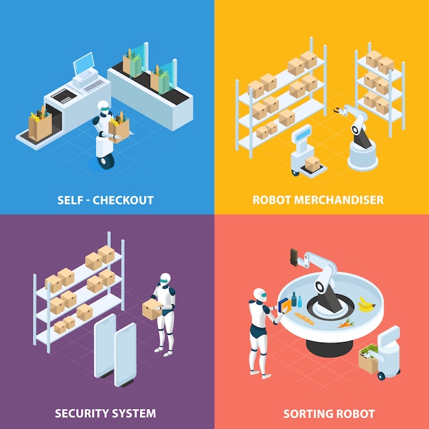 Free Vector automated shops isometric concept with self checkout  robots for merchandising and sorting security system