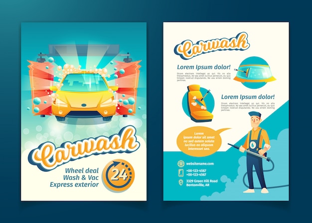 Free vector automatic car washing flyer, ad banner of service with cartoon character.