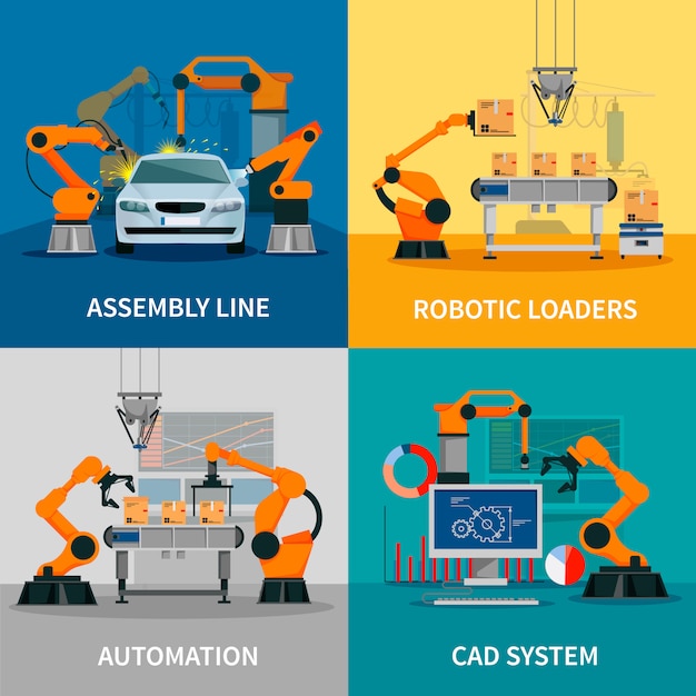 Free Vector automation concept vector images set with assembly line and cad system