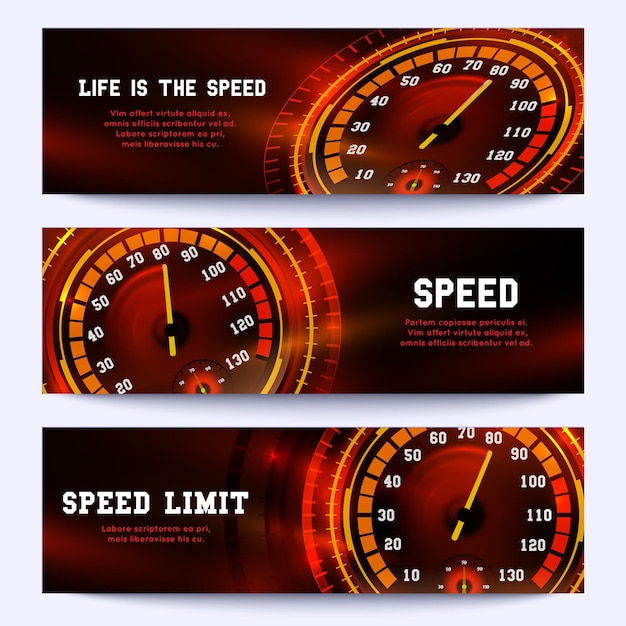 Free Vector automobile racing banner set with car speedometer