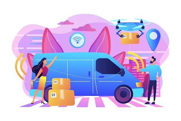 Autonomous delivery van with sensors and drone delivering parcel. Autonomous courier, driverless delivery service, modern parcel services concept. Bright vibrant violet  isolated illustration