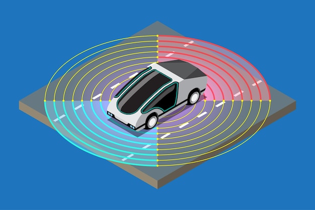 Free Vector autonomous smart car automatic wireless sensor driving on road around the car autonomous smart car goes on the scans the roads observe the distance and automatic braking system